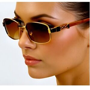 Gold Frame Sunglasses Wood Arms Rectangular Lens Women‎ Fashion Eyewear Trendy